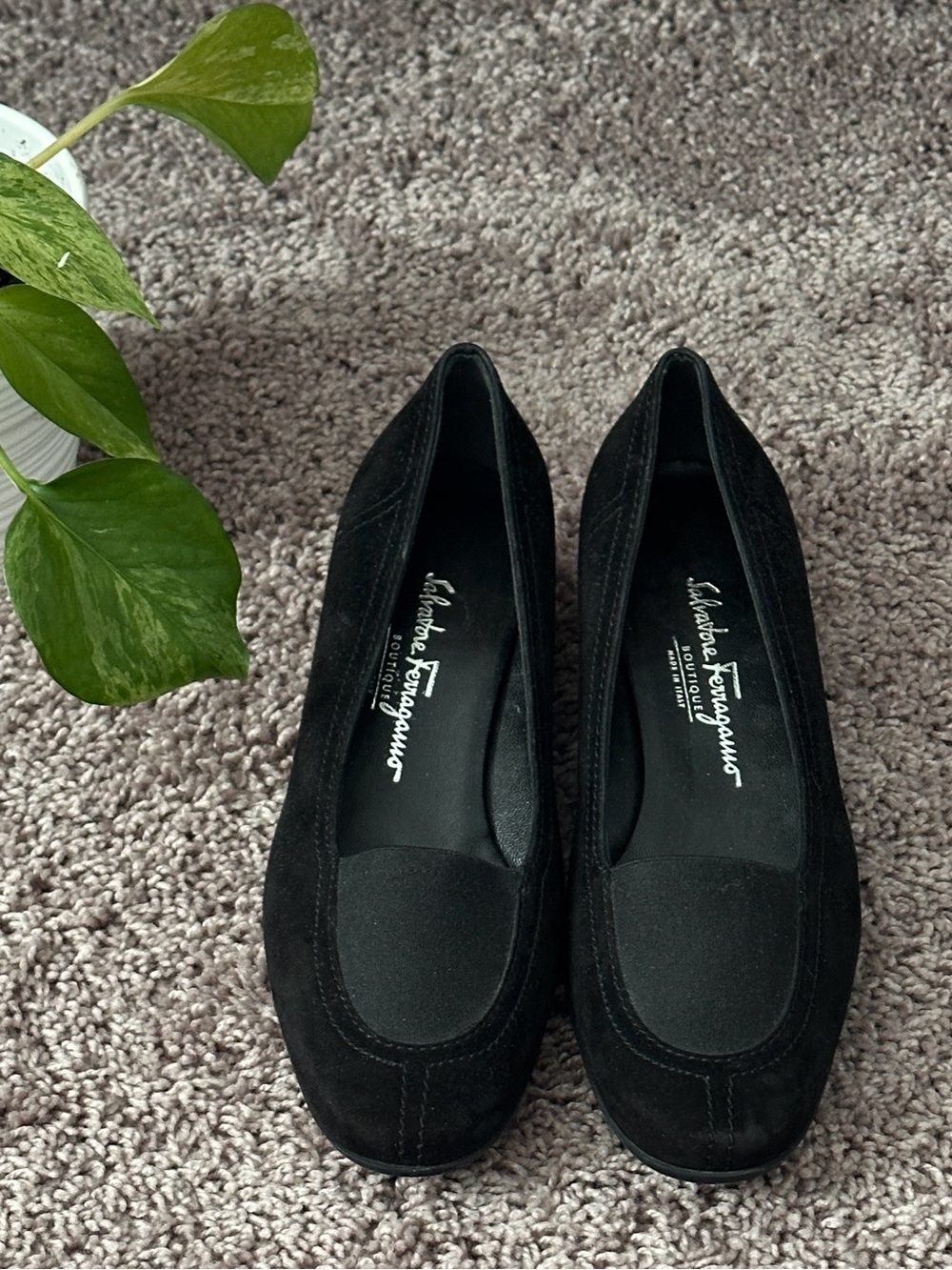 Salvatore Ferragamo Black Suede Heeled Slip-On Pumps Size 9